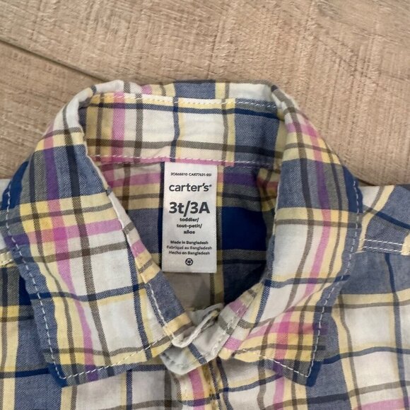 CARTER'S BOYS SHORT SLEEVE BUTTON SHIRT PLAID  PINK BLUE 3T - Picture 3 of 5